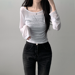 ツーピース 【SET着用可能】シースルーレタリングTシャツ ブーツカットデニム IVORY-TOP