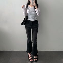 ツーピース 【SET着用可能】シースルーレタリングTシャツ ブーツカットデニム IVORY-TOP