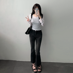 ツーピース 【SET着用可能】シースルーレタリングTシャツ ブーツカットデニム IVORY-TOP