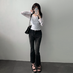 ツーピース 【SET着用可能】シースルーレタリングTシャツ ブーツカットデニム IVORY-TOP