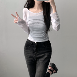 ツーピース 【SET着用可能】シースルーレタリングTシャツ ブーツカットデニム IVORY-TOP