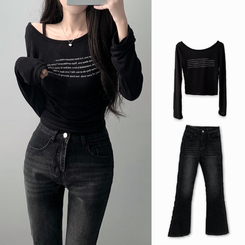ツーピース 【SET着用可能】シースルーレタリングTシャツ ブーツカットデニム BLACK-TOP