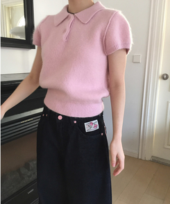 キラアンゴラカラー半袖ニット PINK