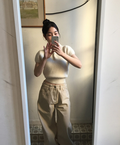 キラアンゴラカラー半袖ニット IVORY