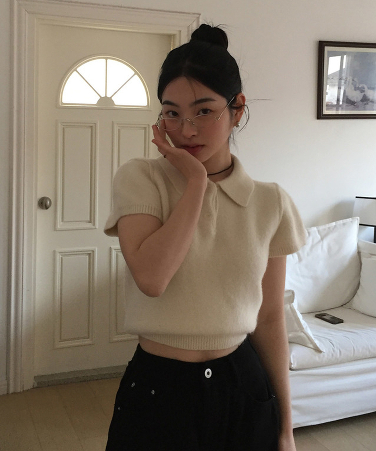 キラアンゴラカラー半袖ニット IVORY