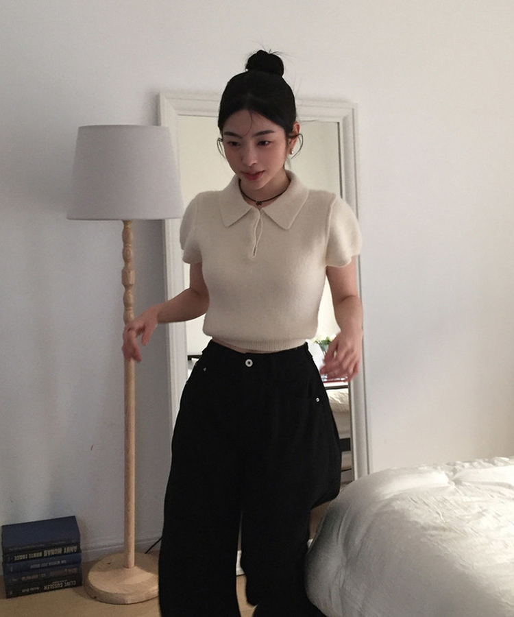 キラアンゴラカラー半袖ニット IVORY