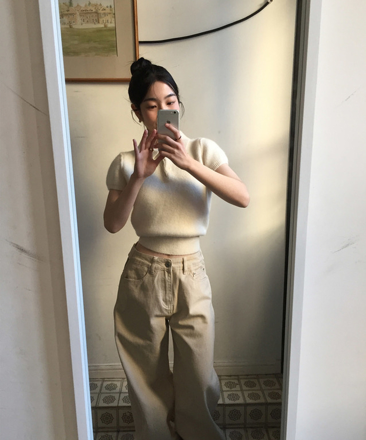 キラアンゴラカラー半袖ニット IVORY