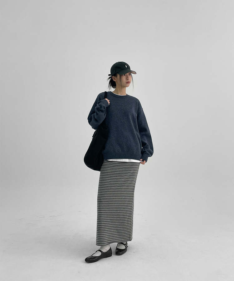 ミディ/ロングスカート ストライプバンディングニットロングスカート GREY