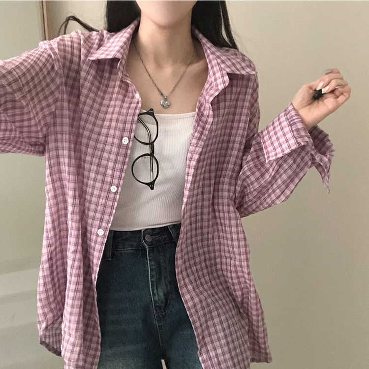 바바 루즈핏 체크 셔츠 핑크