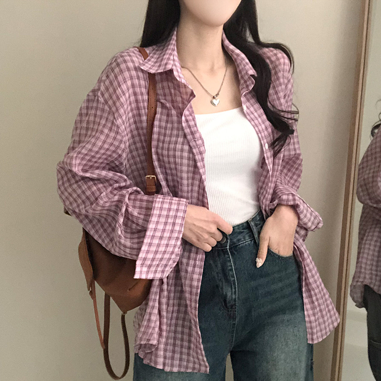 바바 루즈핏 체크 셔츠 핑크