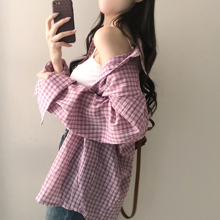 바바 루즈핏 체크 셔츠 핑크