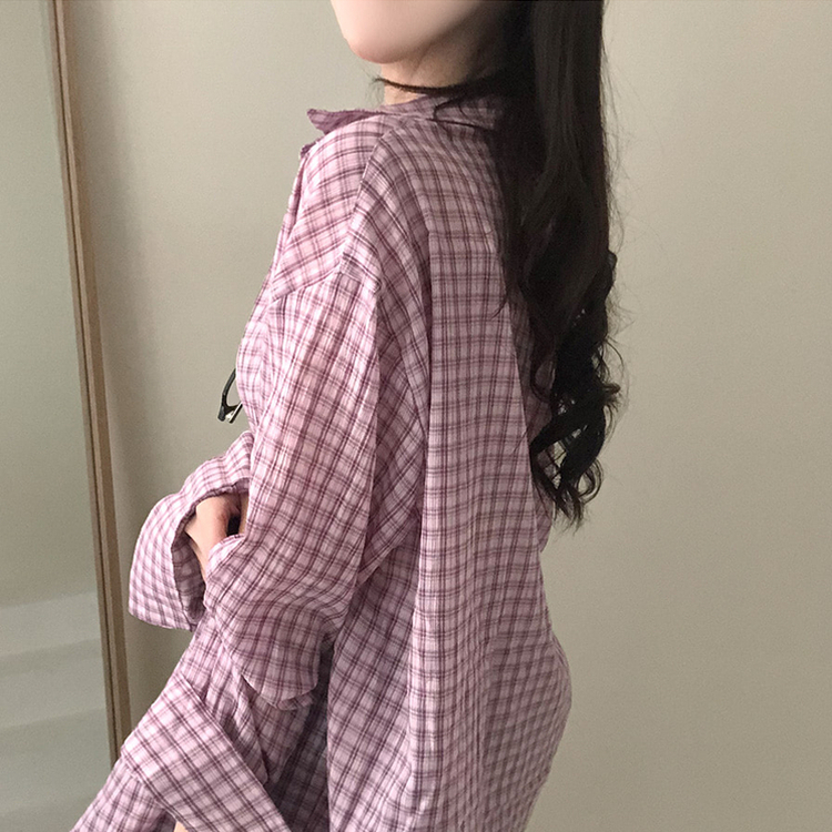 바바 루즈핏 체크 셔츠 핑크