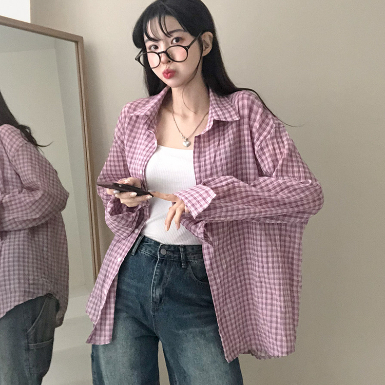 바바 루즈핏 체크 셔츠 핑크