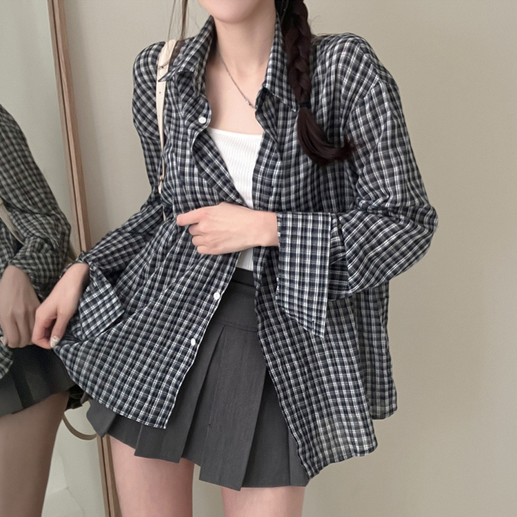 바바 루즈핏 체크 셔츠 네이비