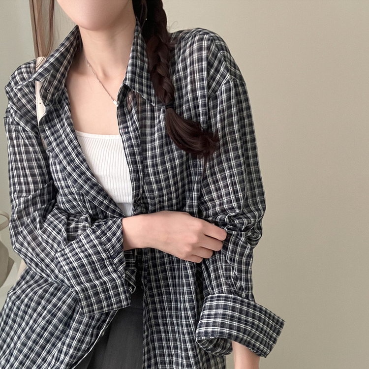 바바 루즈핏 체크 셔츠 네이비