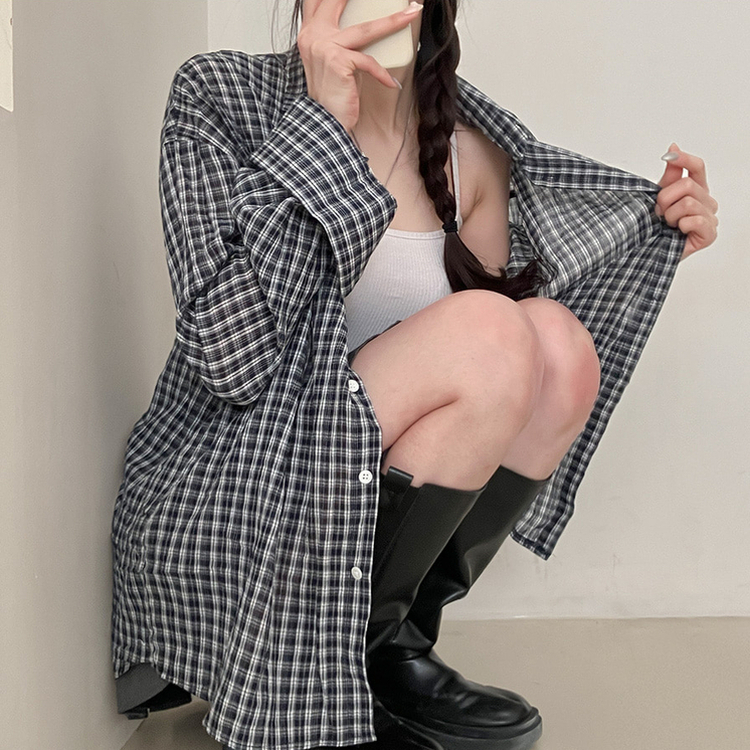 바바 루즈핏 체크 셔츠 네이비