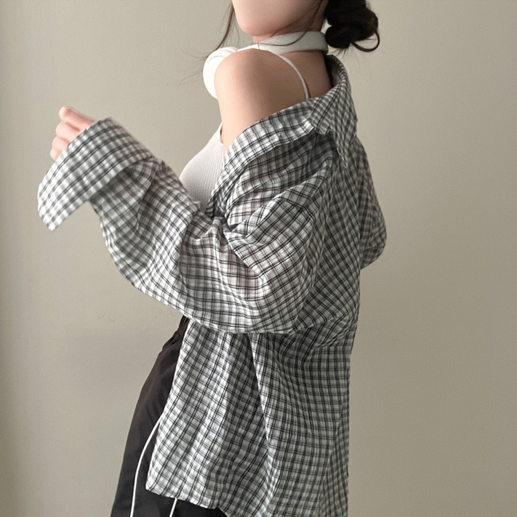 바바 루즈핏 체크 셔츠 화이트