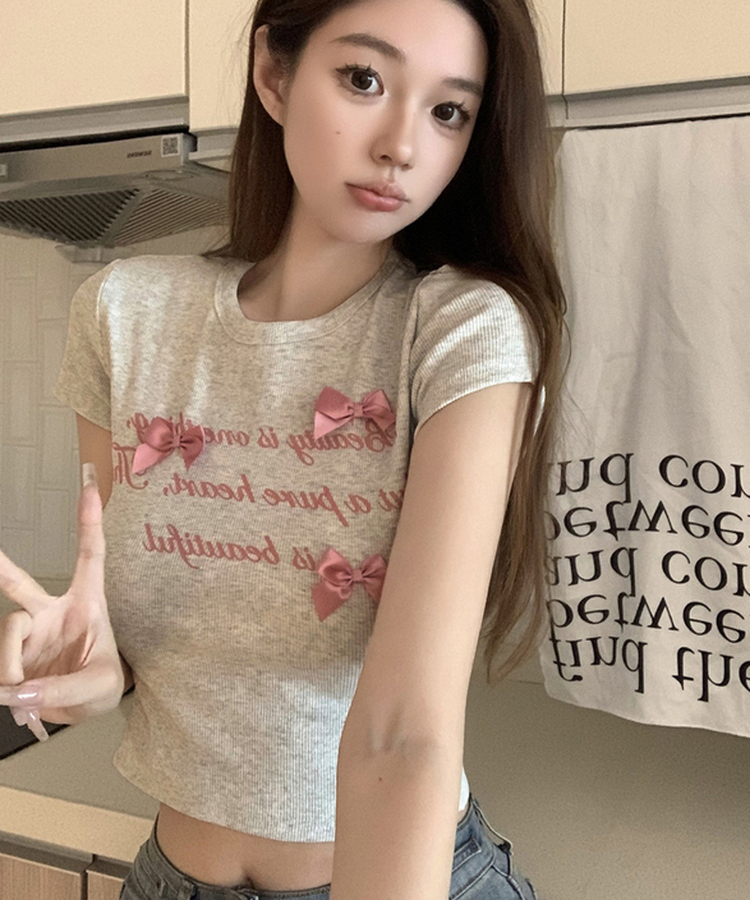リボンシャイン半袖Tシャツ GREY