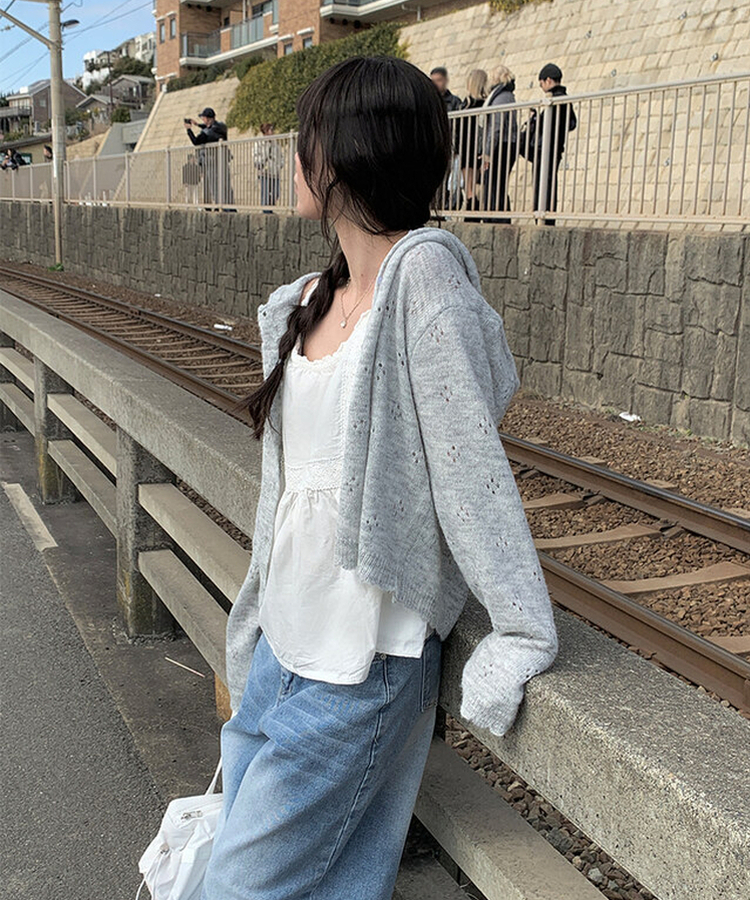 パンチングフードスリムカーディガン GREY