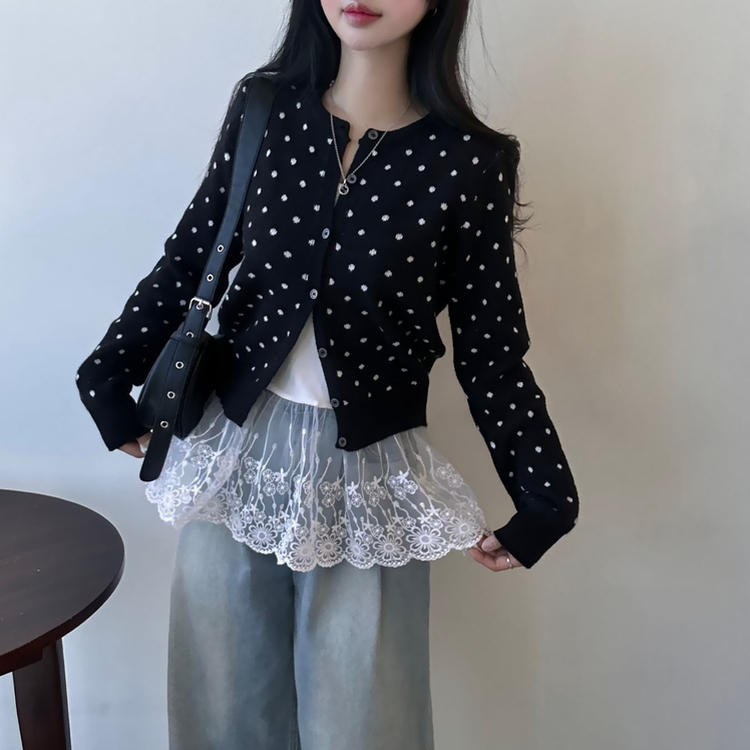 ドットニットボタンラウンドカーディガン BLACK