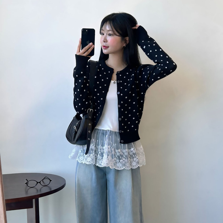 ドットニットボタンラウンドカーディガン BLACK