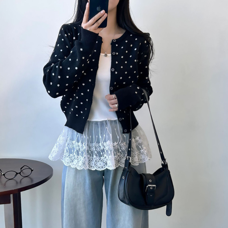ドットニットボタンラウンドカーディガン BLACK