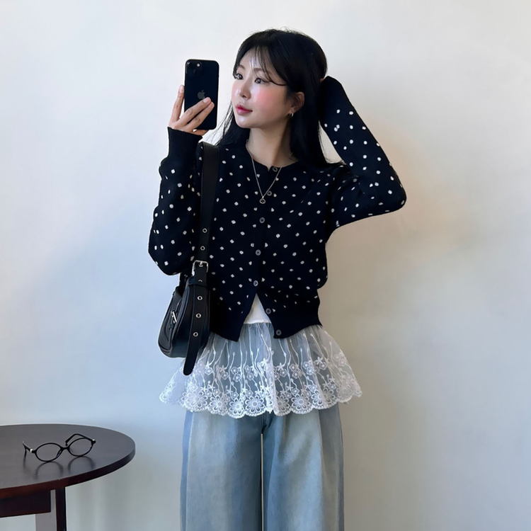 ドットニットボタンラウンドカーディガン BLACK