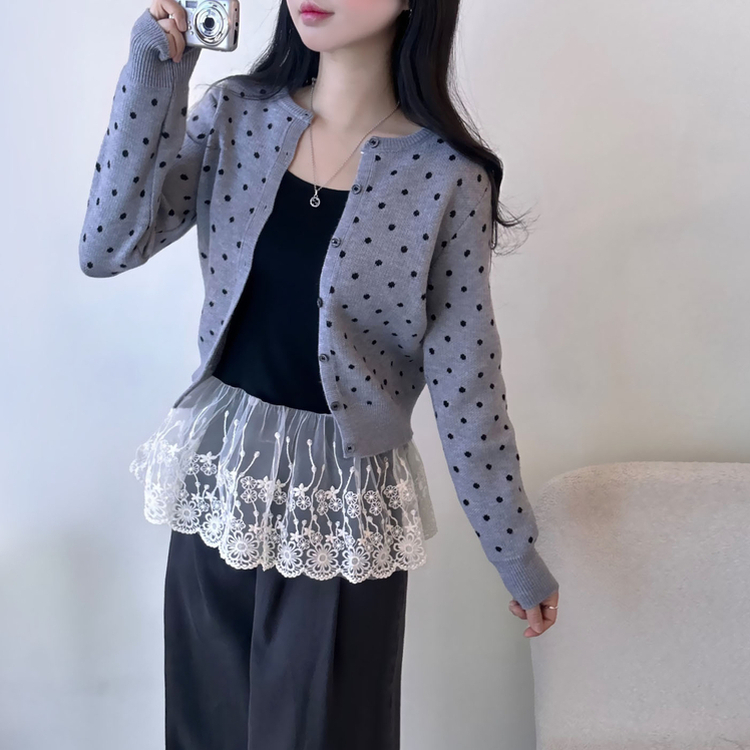 ドットニットボタンラウンドカーディガン GRAY