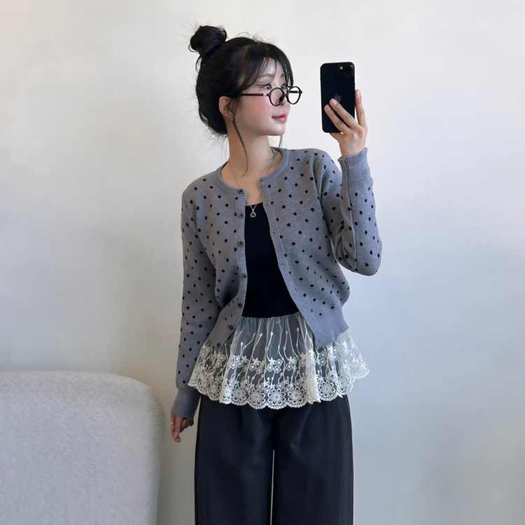 ドットニットボタンラウンドカーディガン GRAY