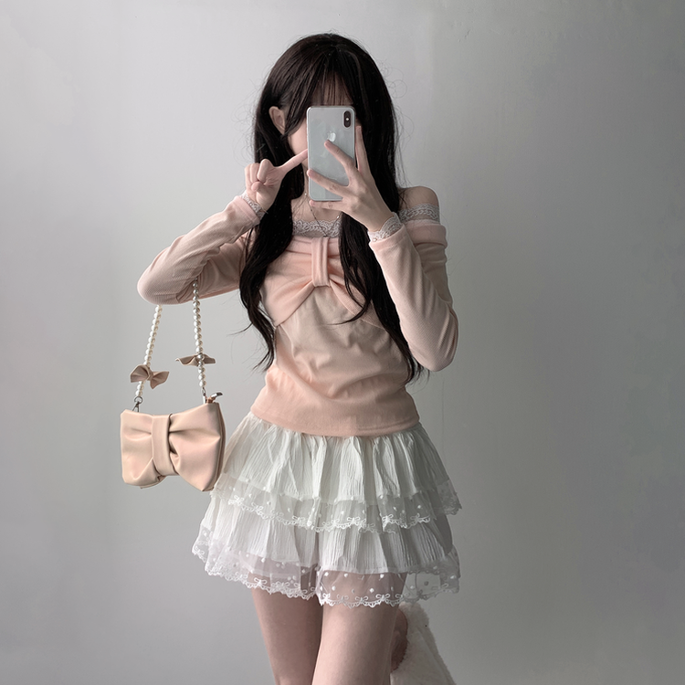 SET着用可能】オフショルダーリボン長袖Tシャツ ドットスカート 