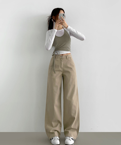 コットンパンツ 【丈別】コットンワイドパンツ BEIGE