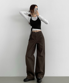 コットンパンツ 【丈別】コットンワイドパンツ BROWN
