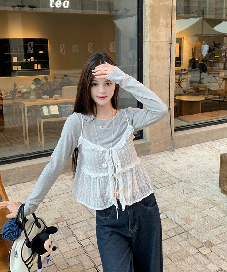 レースシースルーキャミソールTシャツ GREY