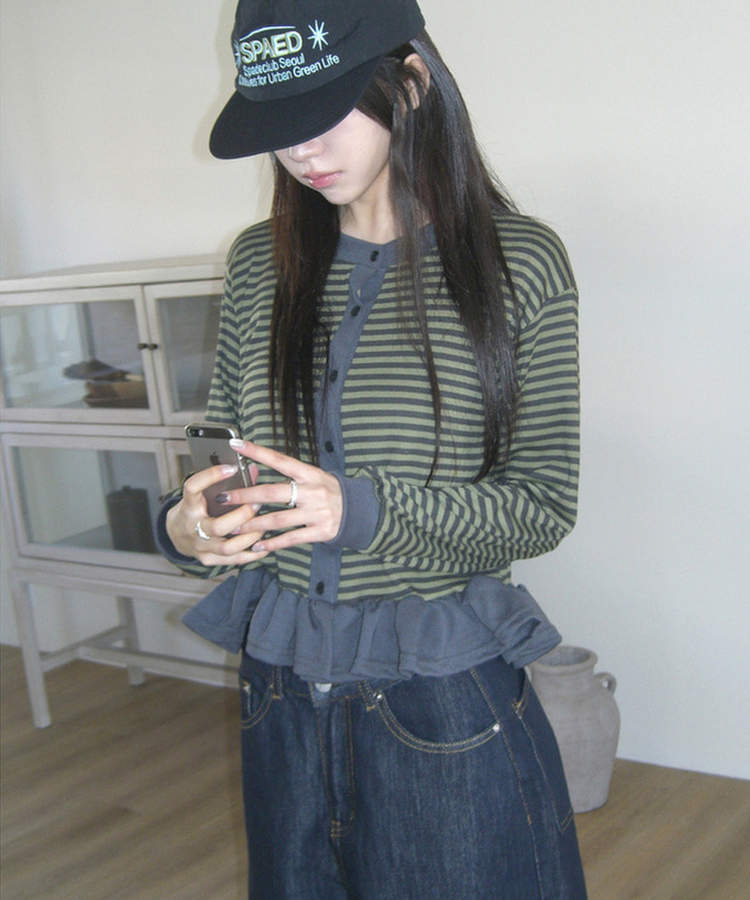 ストライプフリルカーディガン KHAKI