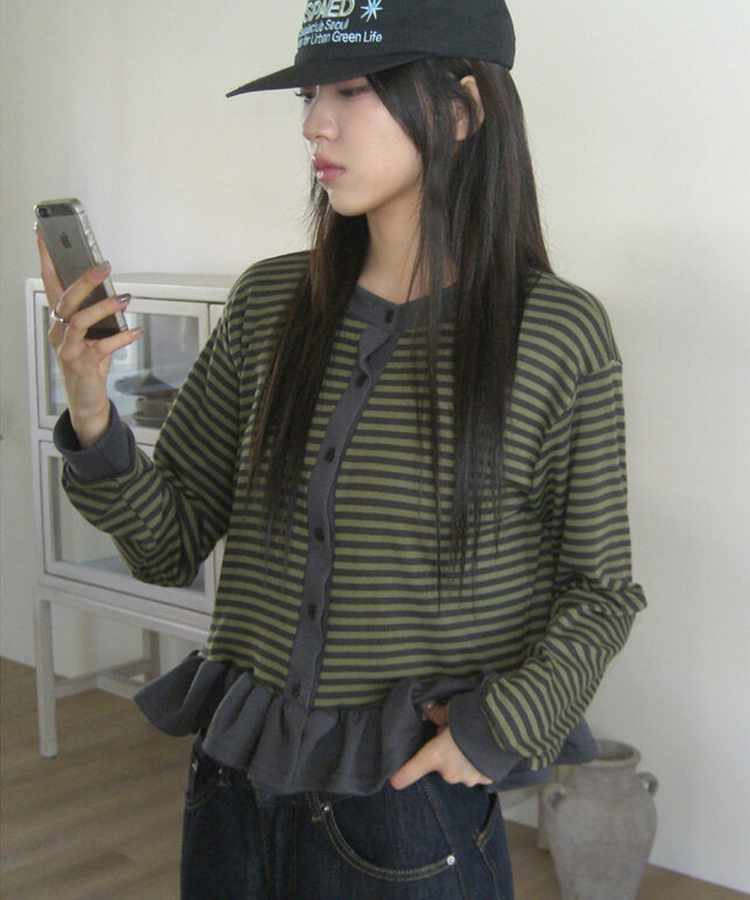 ストライプフリルカーディガン KHAKI