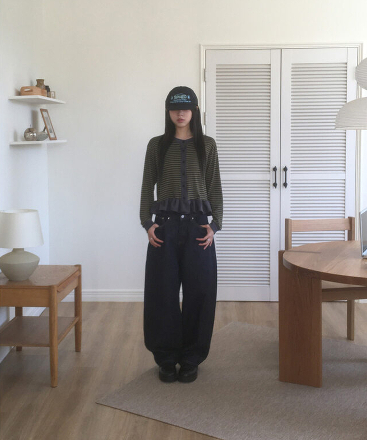 ストライプフリルカーディガン KHAKI