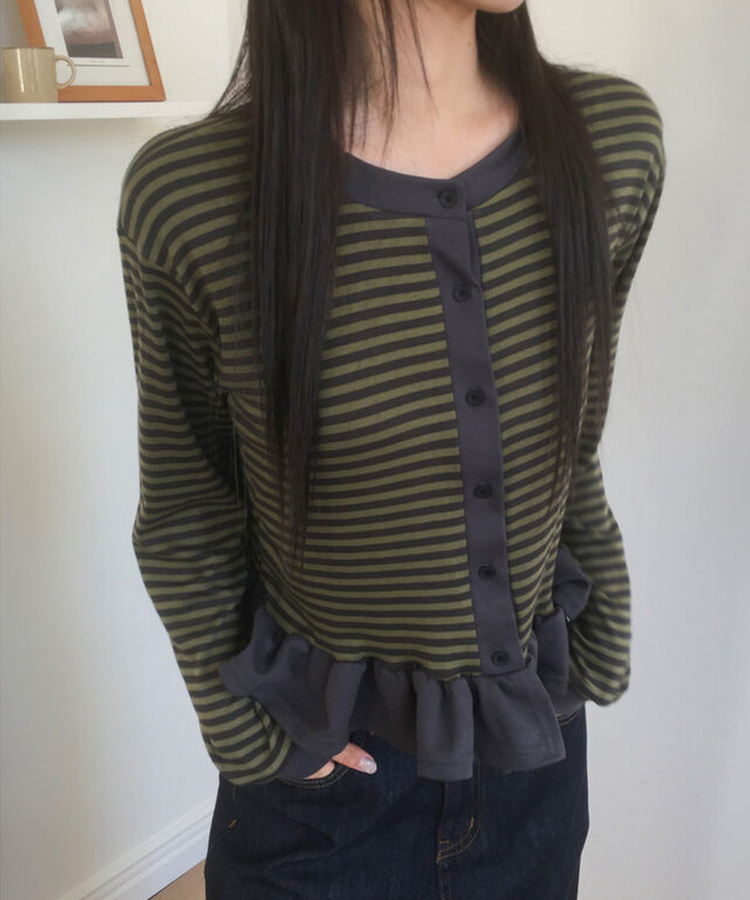 ストライプフリルカーディガン KHAKI