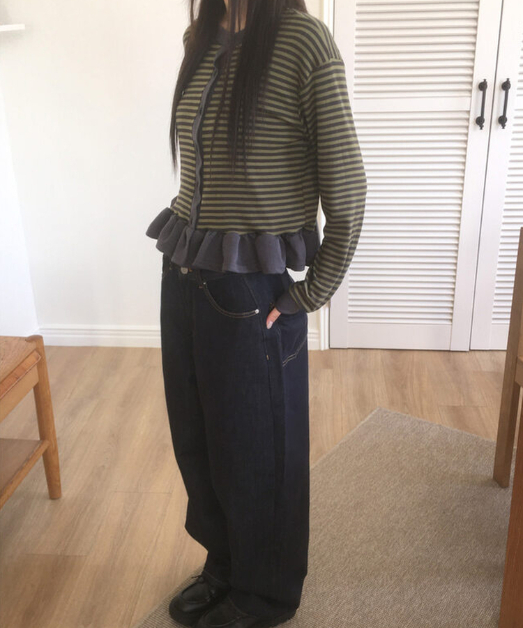 ストライプフリルカーディガン KHAKI