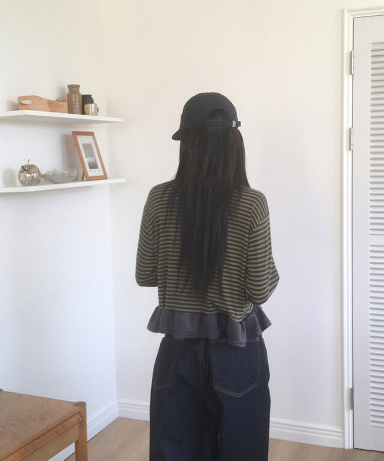 ストライプフリルカーディガン KHAKI