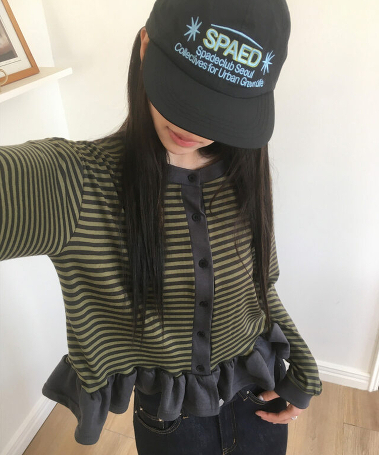 ストライプフリルカーディガン KHAKI