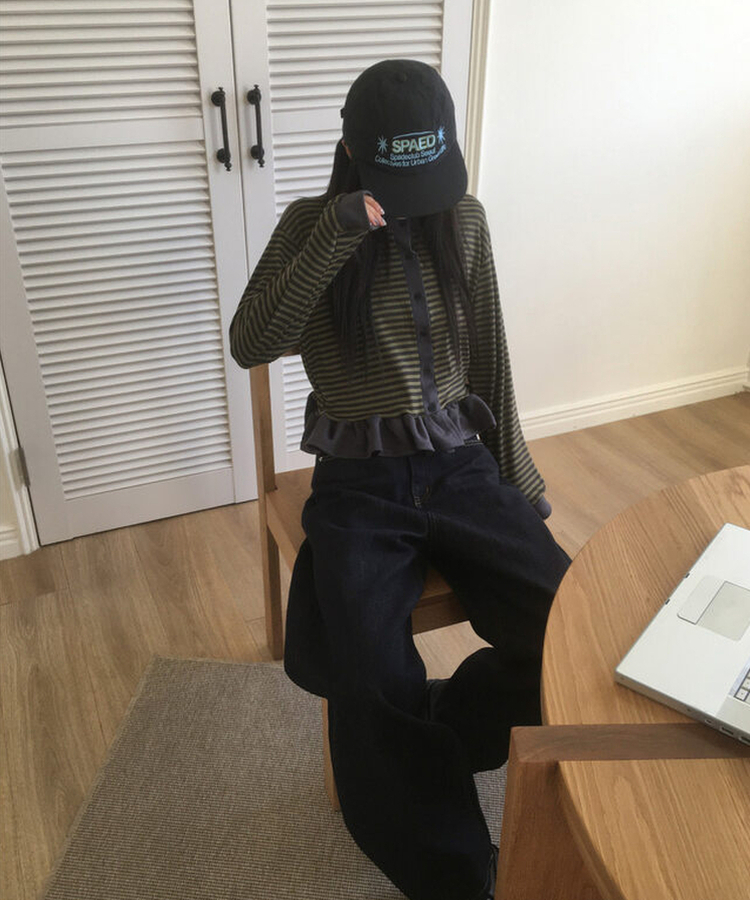 ストライプフリルカーディガン KHAKI