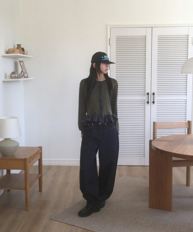 ストライプフリルカーディガン KHAKI