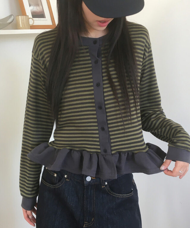 ストライプフリルカーディガン KHAKI