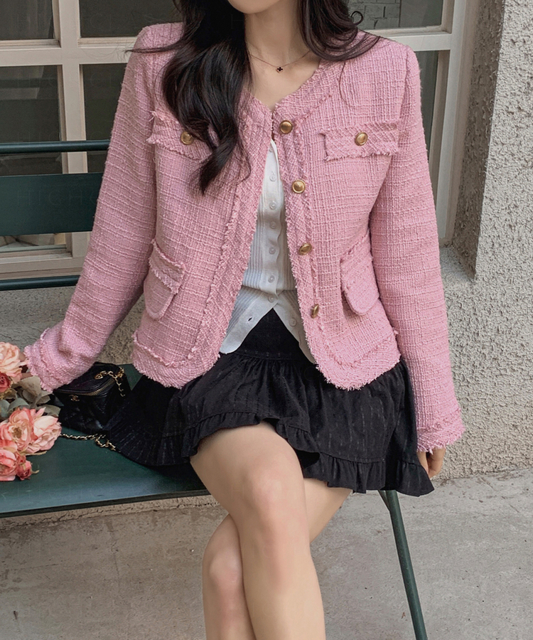 ラウンドネックボタンツイードジャケット PINK