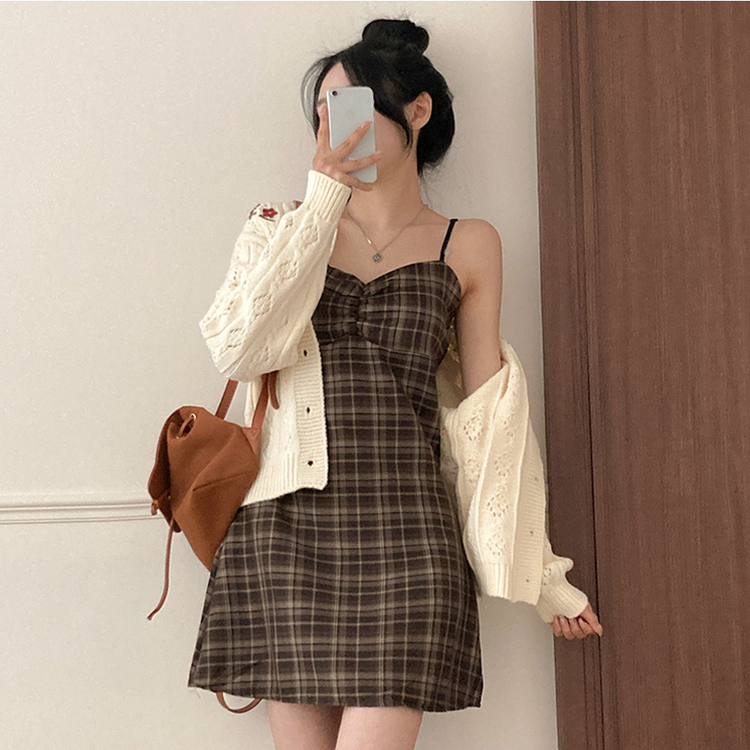 チェックシャーリングビスチェミニワンピース BROWN