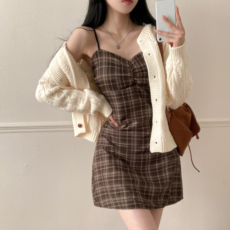 チェックシャーリングビスチェミニワンピース BROWN