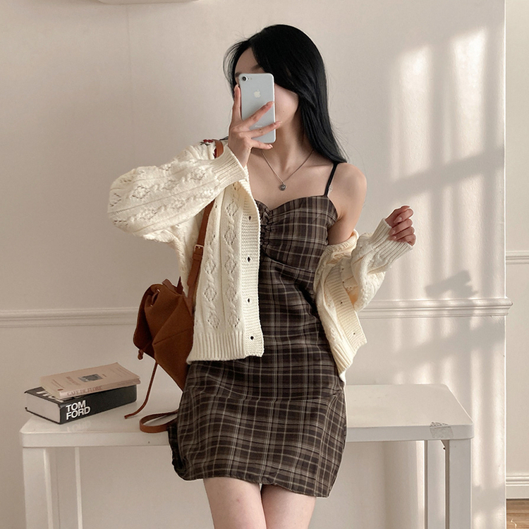 チェックシャーリングビスチェミニワンピース BROWN