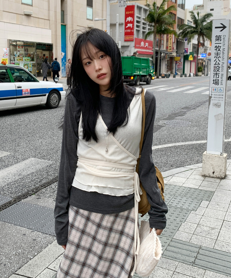 【SET】長袖Tシャツ ラップビスチェ CHARCOAL