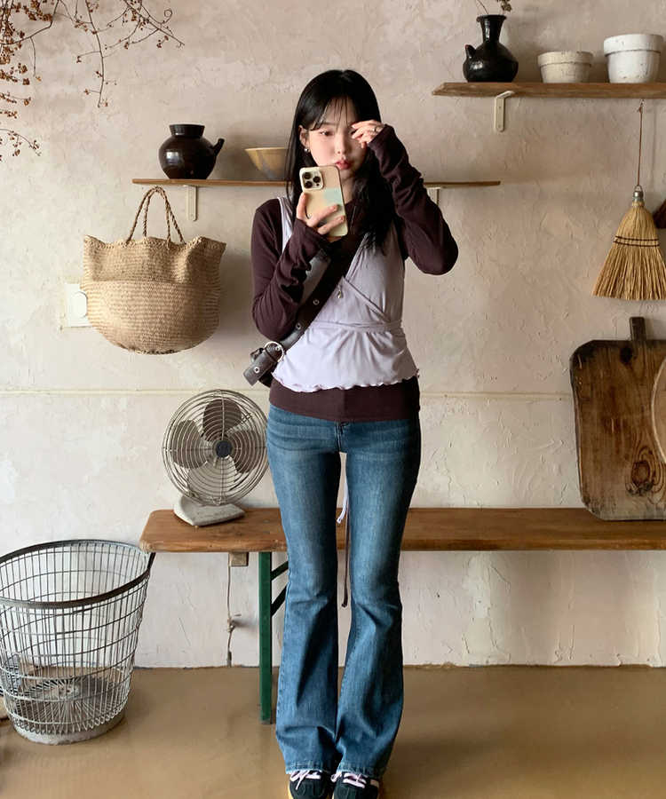 【SET】長袖Tシャツ ラップビスチェ BROWN