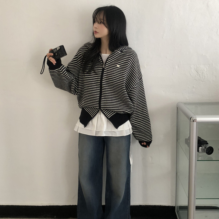 ストライプジップアップニットカーディガン BLACK
